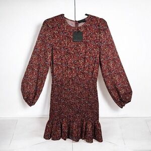 Dress Forum Mini Dress Woman Small Burgundy Floral Smocked Waist Long Sleeve NWT